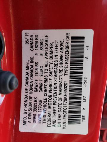 2HGFC1F79KH650201 - 2019 HONDA CIVIC EXL Qırmızı foto 10
