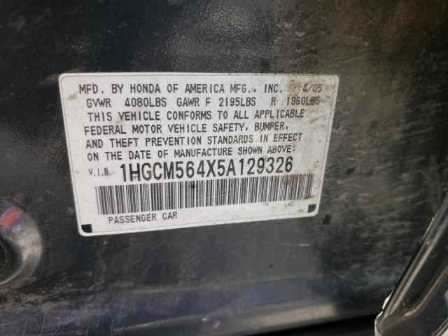 1HGCM564X5A129326 - 2005 HONDA ACCORD LX GRAY photo 10