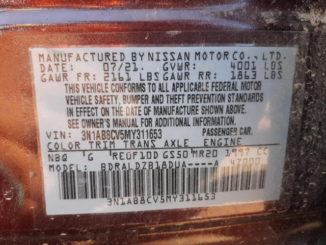 3N1AB8CV5MY311653 - 2021 NISSAN SENTRA SV MAROON photo 10