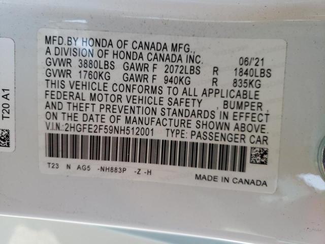 2HGFE2F59NH512001 - 2022 HONDA CIVIC SPOR WHITE photo 10