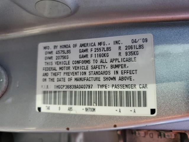 1HGCP36839A040797 - 2009 HONDA ACCORD EXL SILVER photo 10