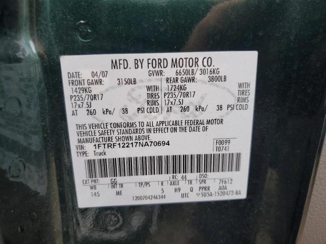 1FTRF12217NA70694 - 2007 FORD F150 GREEN photo 10