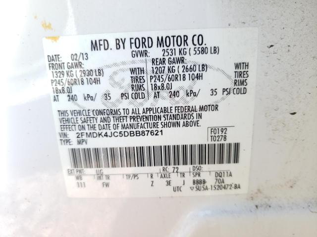 2FMDK4JC5DBB87621 - 2013 FORD EDGE SEL WHITE photo 10