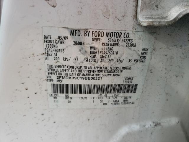 2FMDK39C19BB00321 - 2009 FORD EDGE WHITE photo 10