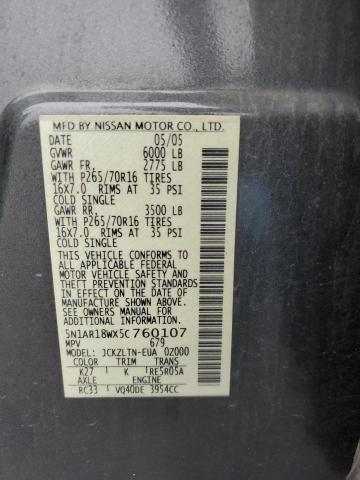 5N1AR18WX5C760107 - 2005 NISSAN PATHFINDER GRAY photo 10