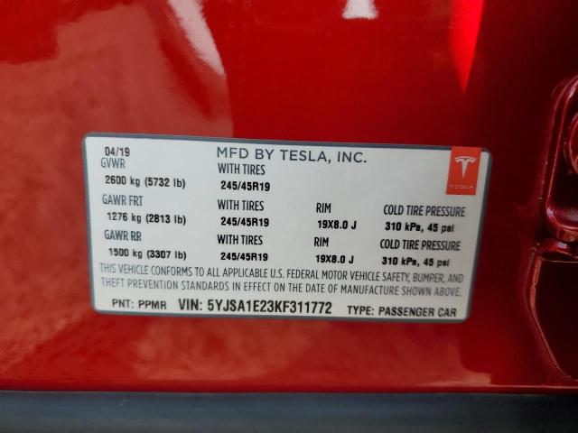 5YJSA1E23KF311772 - 2019 TESLA MODEL S Կարմիր լուսանկար 10