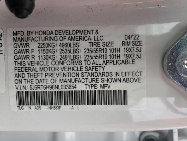 5J6RT6H96NL033654 - 2022 HONDA CR-V TOURI WHITE photo 10