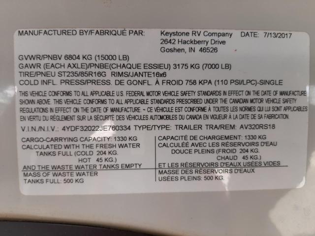 4YDF32022JE760334 - 2018 KEYSTONE AVALANCHE ორფეროვანი ფოტო 10