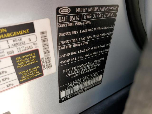 SALWR2TF8EA372479 - 2014 LAND ROVER RANGE ROVE SILVER photo 10