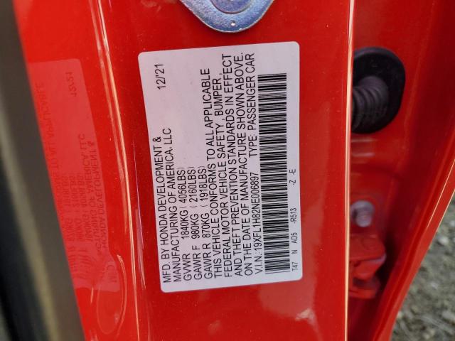 19XFL1H82NE006897 - 2022 HONDA CIVIC SPOR RED photo 10