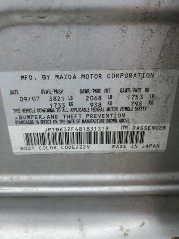 JM1BK32F481831318 - 2008 MAZDA 3 I SILVER photo 10