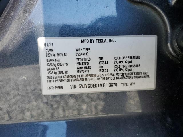 5YJYGDED1MF113870 - 2021 TESLA MODEL Y فحمي صورة 10