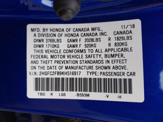 2HGFC2F89KH516917 - 2019 HONDA CIVIC SPOR BLUE photo 10