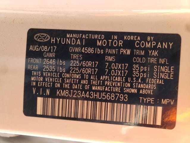 KM8J23A43HU568793 - 2017 HYUNDAI TUCSON SE WHITE photo 10