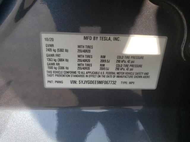 5YJYGDEE9MF067732 - 2021 TESLA MODEL Y رمادي صورة 10