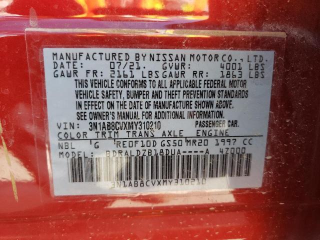 3N1AB8CVXMY310210 - 2021 NISSAN SENTRA SV RED photo 10