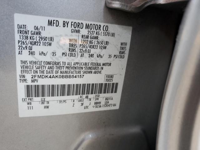 2FMDK4AK0BBB54157 - 2011 FORD EDGE SPORT SILVER photo 10