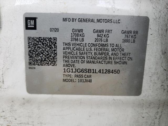 1G1JG6SB1L4128450 - 2020 CHEVROLET SONIC WHITE photo 10