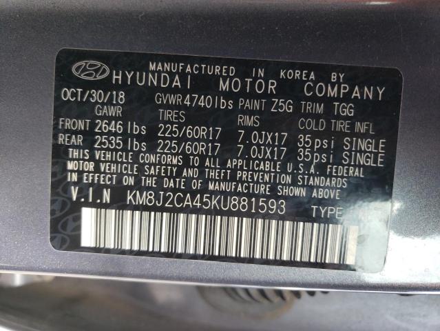 KM8J2CA45KU881593 - 2019 HYUNDAI TUCSON SE GRAY photo 10