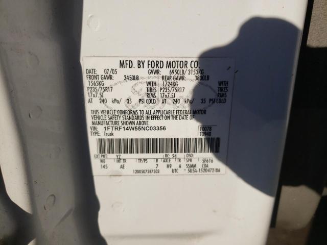 1FTRF14W55NC03356 - 2005 FORD F150 WHITE photo 10