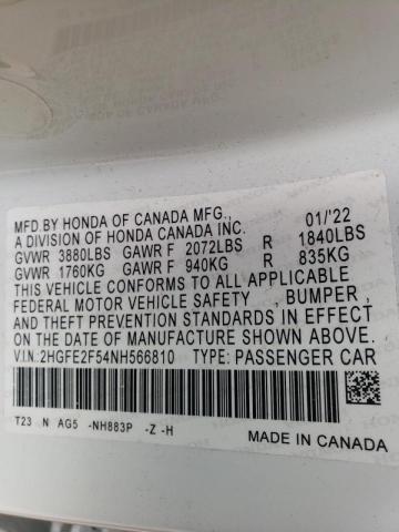 2HGFE2F54NH566810 - 2022 HONDA CIVIC SPOR WHITE photo 10