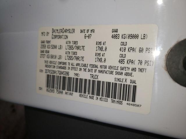 3D7KS28A17G845396 - 2007 DODGE RAM 2500 S Սպիտակ լուսանկար 10