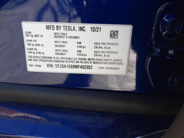 5YJSA1E69MF452352 - 2021 TESLA MODEL S Կապույտ լուսանկար 10