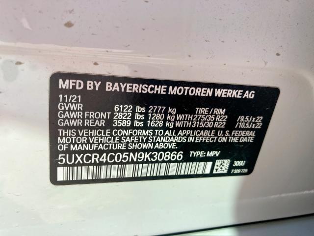 5UXCR4C05N9K30866 - 2022 BMW X5 SDRIVE WHITE photo 10
