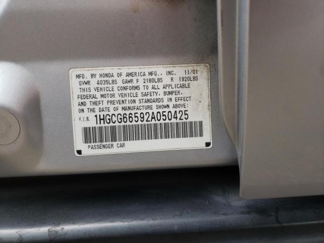 1HGCG66592A050425 - 2002 HONDA ACCORD LX SILVER photo 10