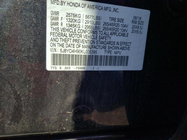 5J8YD4H90KL005395 - 2019 ACURA MDX ADVANC BLACK photo 10