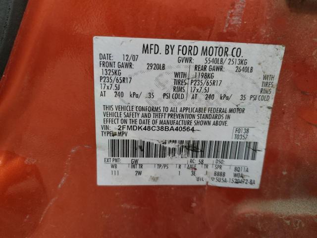 2FMDK48C38BA40564 - 2008 FORD EDGE SEL ORANGE photo 10