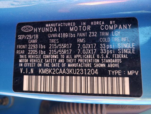 KM8K2CAA3KU231204 - 2019 HYUNDAI KONA SEL BLUE photo 10