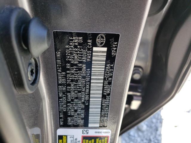 4T1B61HK6KU162404 - 2019 TOYOTA CAMRY XSE GRAY photo 10