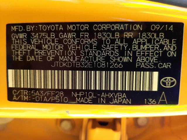 JTDKDTB32E1081266 - 2014 TOYOTA PRIUS C YELLOW photo 10