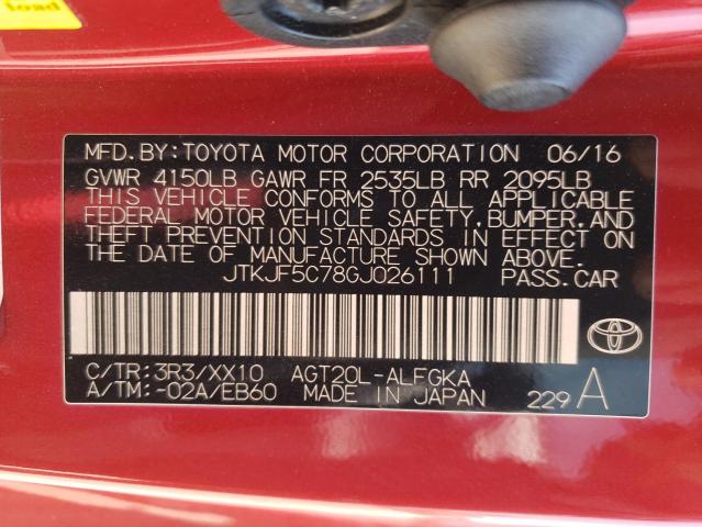 JTKJF5C78GJ026111 - 2016 TOYOTA SCION TC წითელი ფოტო 10