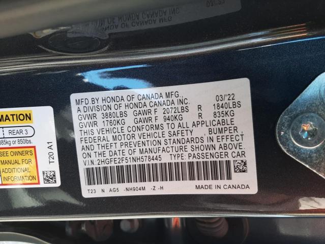 2HGFE2F51NH578445 - 2022 HONDA CIVIC SPOR CHARCOAL photo 10