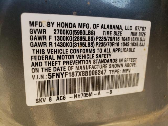 5FNYF187X8B006247 - 2008 HONDA PILOT GRAY photo 10