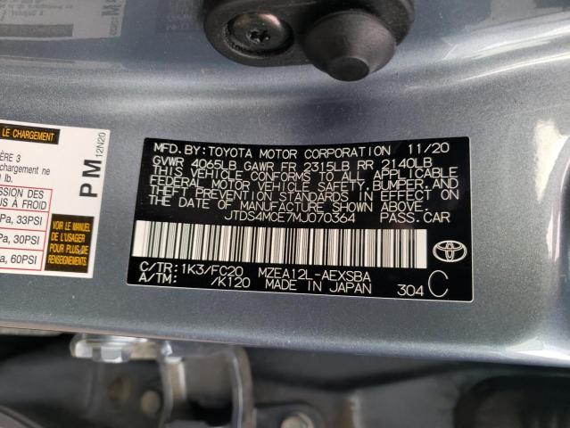 JTDS4MCE7MJ070364 - 2021 TOYOTA COROLLA SE GRAY photo 10