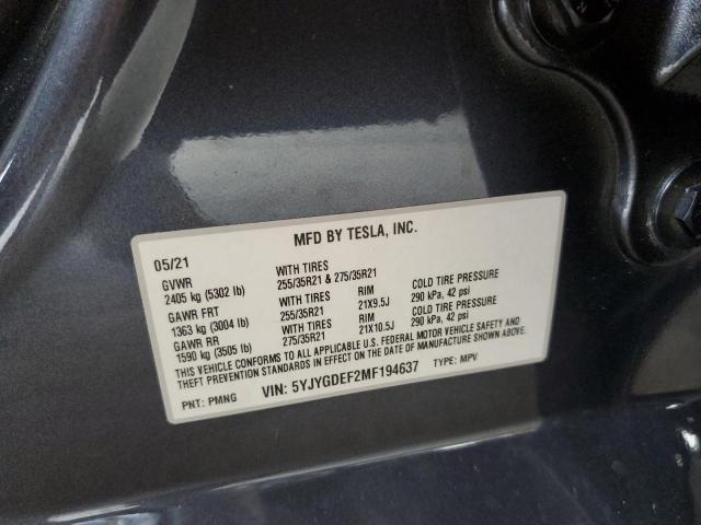 5YJYGDEF2MF194637 - 2021 TESLA MODEL Y فحمي صورة 10