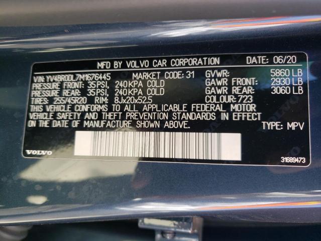 YV4BR0DL7M1676445 - 2021 VOLVO XC60 T8 RE BLUE photo 10