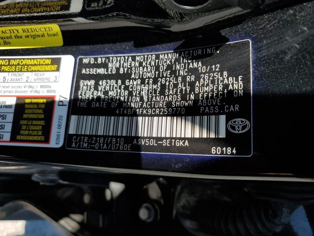 4T4BF1FK9CR259770 - 2012 TOYOTA CAMRY BASE  photo 10