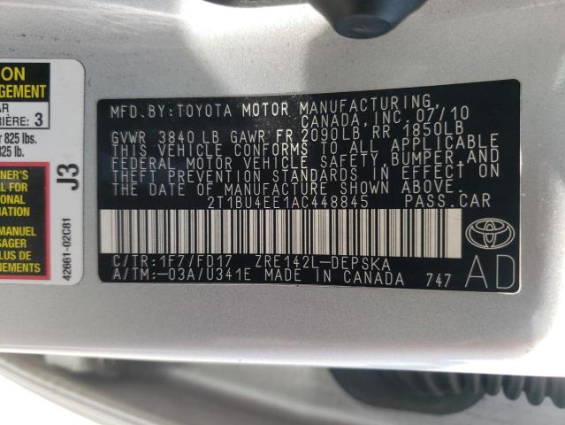 2T1BU4EE1AC448845 - 2010 TOYOTA COROLLA BASE  照片 10