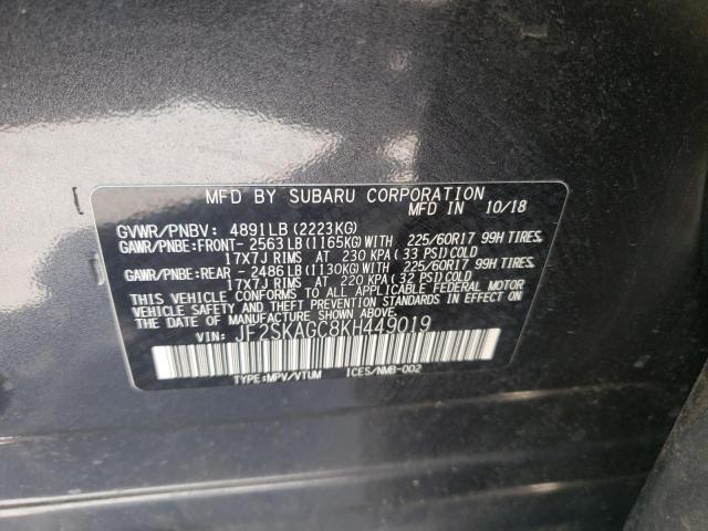 JF2SKAGC8KH449019 - 2019 SUBARU FORESTER P GRAY photo 10