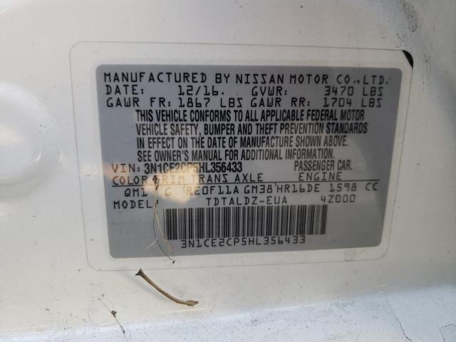 3N1CE2CP5HL356433 - 2017 NISSAN VERSA NOTE WHITE photo 10