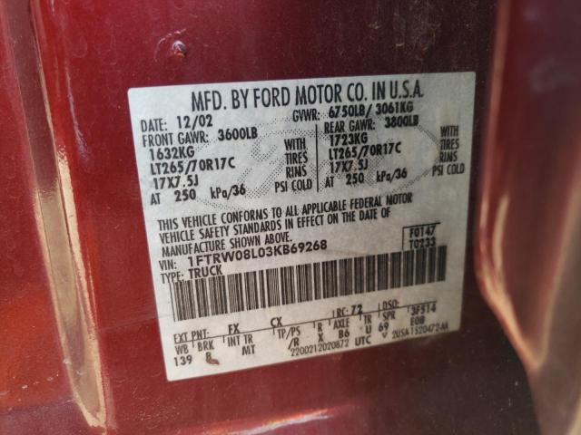 1FTRW08L03KB69268 - 2003 FORD F150 SUPER BURGUNDY photo 10