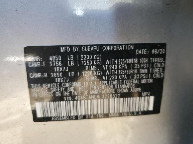 4S4BTANC8L3226522 - 2020 SUBARU OUTBACK LI GRAY photo 10