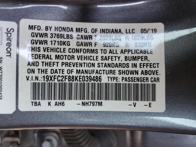 19XFC2F88KE039486 - 2019 HONDA CIVIC SPOR GRAY photo 10