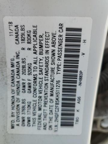 2HGFC2F85KH511276 - 2019 HONDA CIVIC SPOR 白色 照片 10