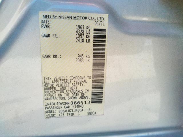 1N4BL4DVXMN366513 - 2021 NISSAN ALTIMA SV SILVER photo 10