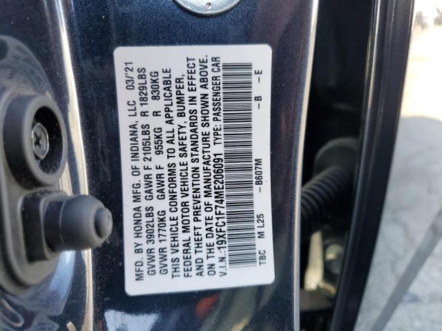 19XFC1F74ME206091 - 2021 HONDA CIVIC EXL Boz foto 10